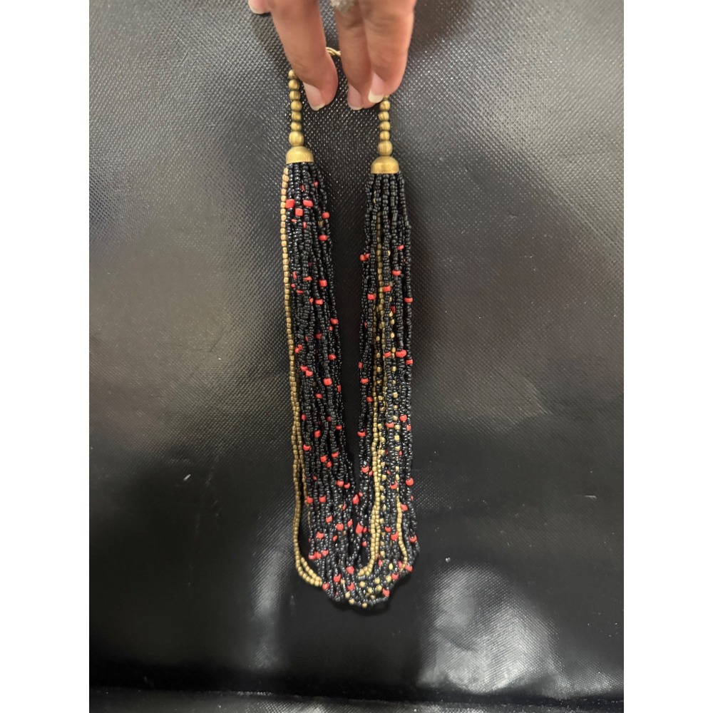 Vintage Multi Strand Seed Bead Statement Necklace Black Red Gold Boho Layered